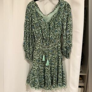 CELINA MOON Blue and Green Floral Long Sleeve Dress